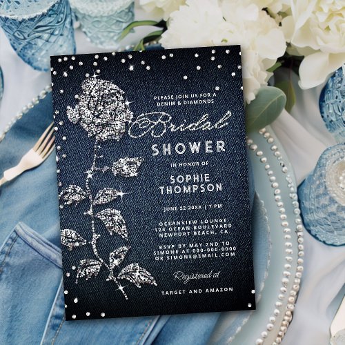 Denim Diamonds Glitter Rose Blue Bridal Shower Invitation