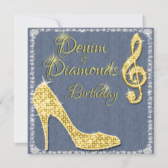 Denim & Diamonds Gold 25th Birthday Invitation (Front)