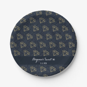 Denim & Diamonds Gold & Blue Bling Glam Party Paper Plates
