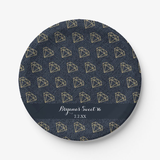 Denim & Diamonds Gold & Blue Bling Glam Party Paper Plates (Front)