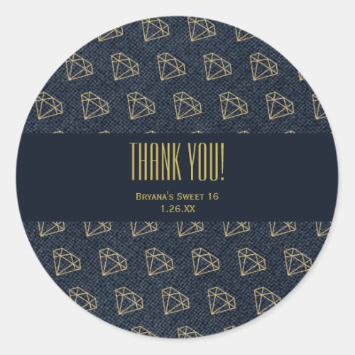 Denim  Diamonds Gold  Blue Glam Party Favor Classic Round Sticker