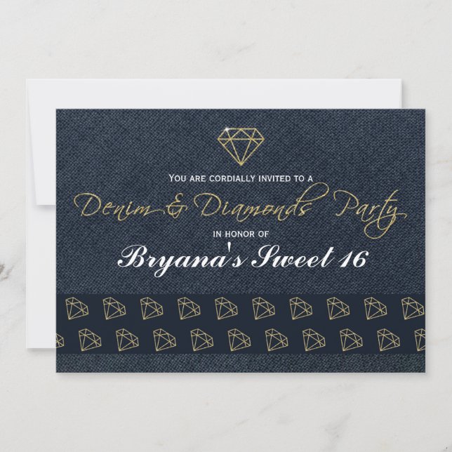 Denim & Diamonds Gold & Blue Glam Party Invitation (Front)
