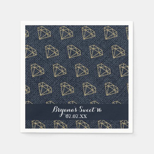 Denim  Diamonds Gold  Blue Glam Party Paper Napkins