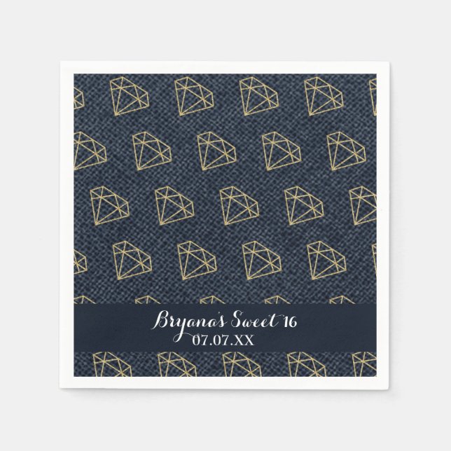 Denim & Diamonds Gold & Blue Glam Party Paper Napkins (Front)