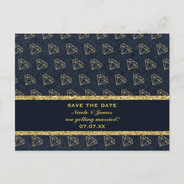 Denim & Diamonds Gold & Blue Glam Save The Date Announcement Postcard (Front)