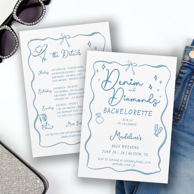 Denim Diamonds Hand Writing Bachelorette Itinerary Invitation (denim diamonds bachelorette itinerary invitation hand written drawn cowgirl frame bow blue white)