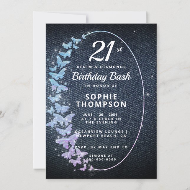 Denim Diamonds Holo Butterfly Frame Birthday Party Invitation (Front)