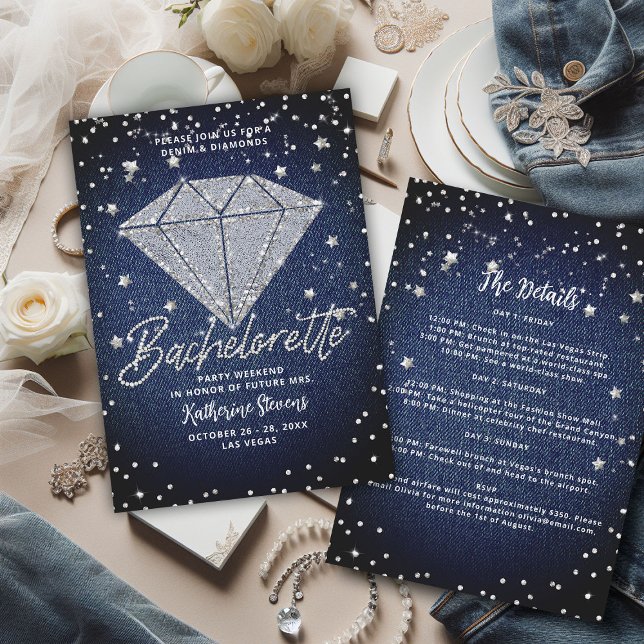 Denim Diamonds Itinerary Bling Bachelorette Party Invitation (denim diamonds bachelorette party itinerary invitation classy stylish white blue jeans elegant chic)