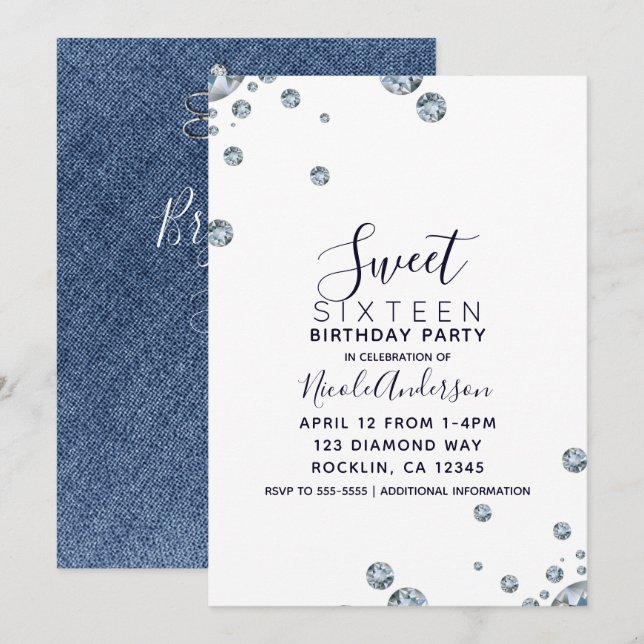 Denim & Diamonds Jean Birthday Sweet 16 Party Invitation (Front/Back)