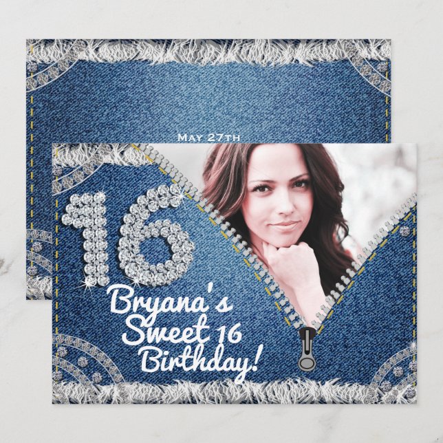 Denim & Diamonds Jean Zipper Sweet 16 Photo Party  Invitation (Front/Back)