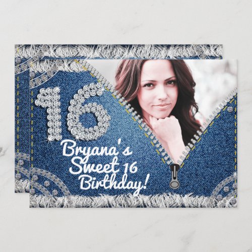 Denim  Diamonds Jean Zipper Sweet 16 Photo Party  Invitation