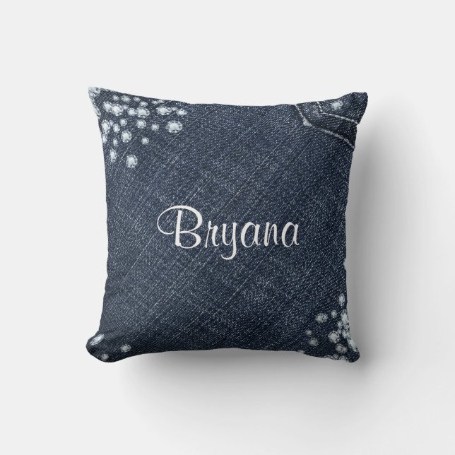 Denim & Diamonds Jeans with Bling Glamour Throw Pillow (Front)