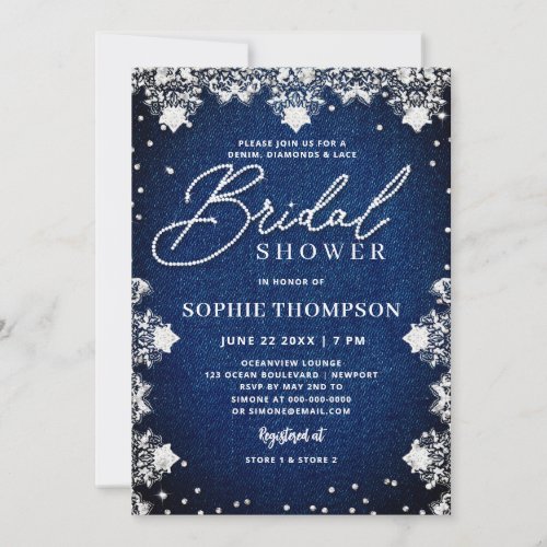 Denim Diamonds Lace Blue Elegant Bridal Shower Invitation