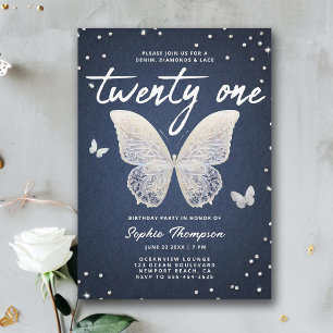 Denim Diamonds Lace Butterfly Modern 21st Birthday Invitation