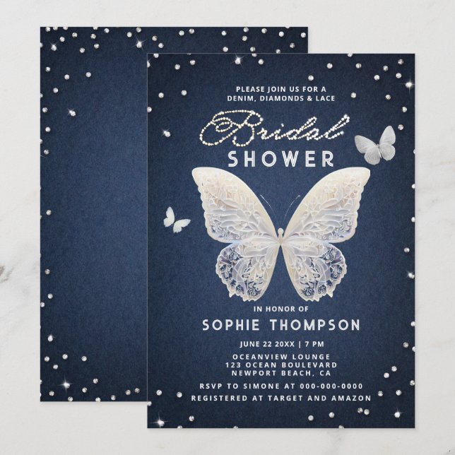 Denim Diamonds Lace Butterfly Unique Bridal Shower Invitation (Front/Back)