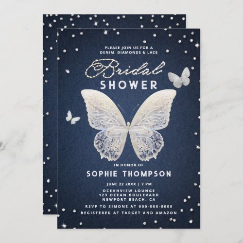 Denim Diamonds Lace Butterfly Unique Bridal Shower Invitation