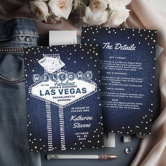 Denim Diamonds Las Vegas Bling Bachelorette Party Invitation (denim diamonds bachelorette party invitation weekend itinerary girls bridesmaids trip las vegas)