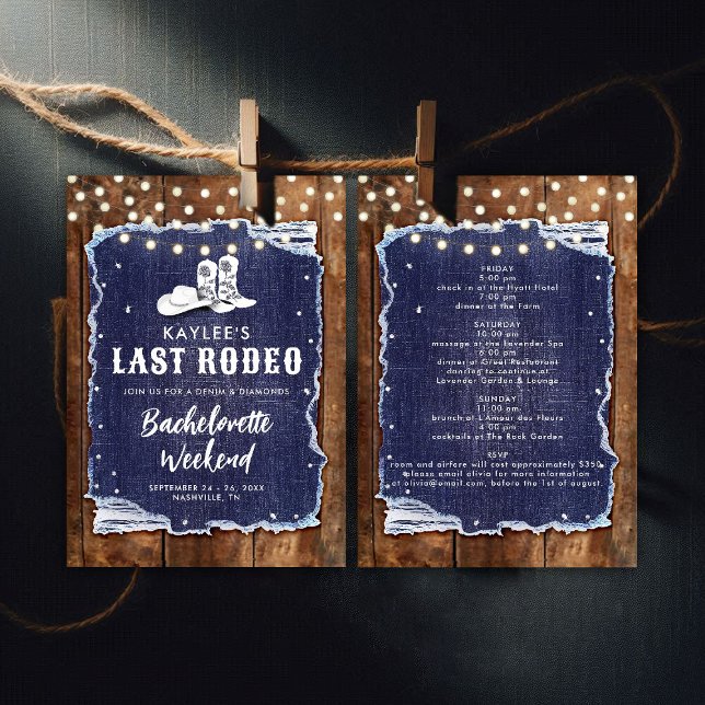 Denim Diamonds Last Rodeo Rustic Chic Bachelorette Invitation (denim and diamonds bachelorette party invitation itinerary rustic wood cowgirl hoedown white blue)