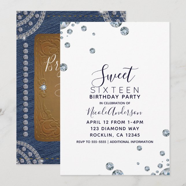 Denim & Diamonds Leather Birthday Sweet 16 Party Invitation (Front/Back)