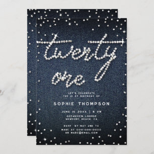 Denim Diamonds Modern Calligraphy 21st Birthday Invitation