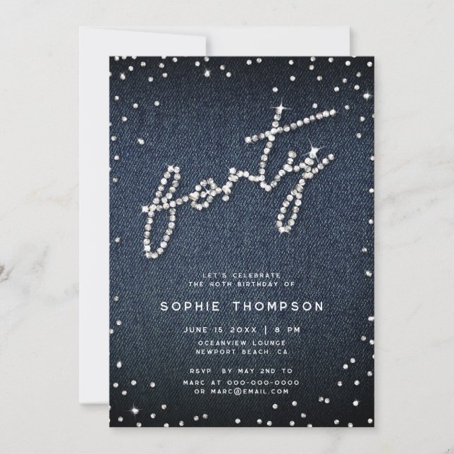 Denim Diamonds Modern Calligraphy 40th Birthday Invitation (Front)