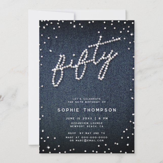 Denim Diamonds Modern Calligraphy 50th Birthday Invitation (Front)