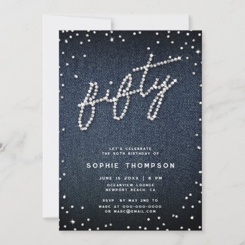 Denim Diamonds Modern Calligraphy 50th Birthday Invitation