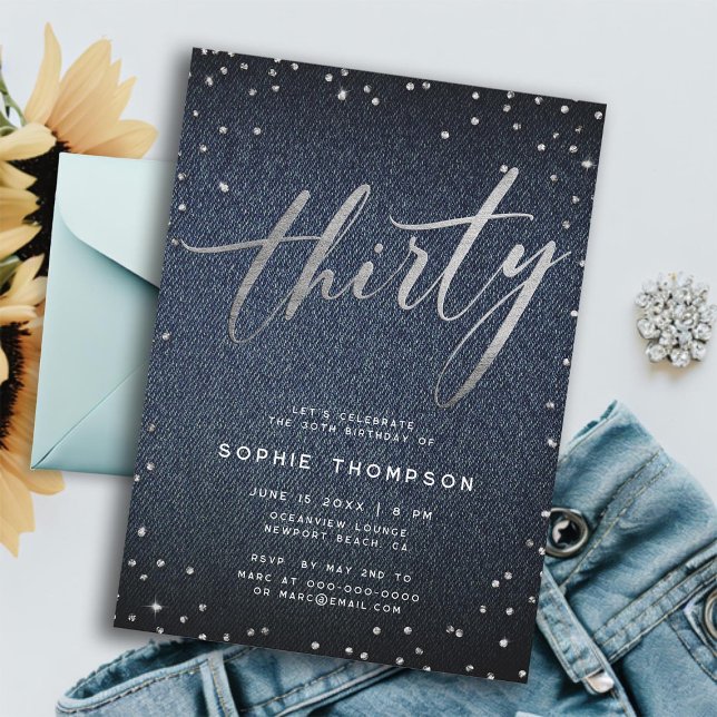 Denim Diamonds Modern Minimalist 30th Birthday Invitation (denim diamonds 30th birthday invitation for women elegant modern minimalist calligraphy classy)
