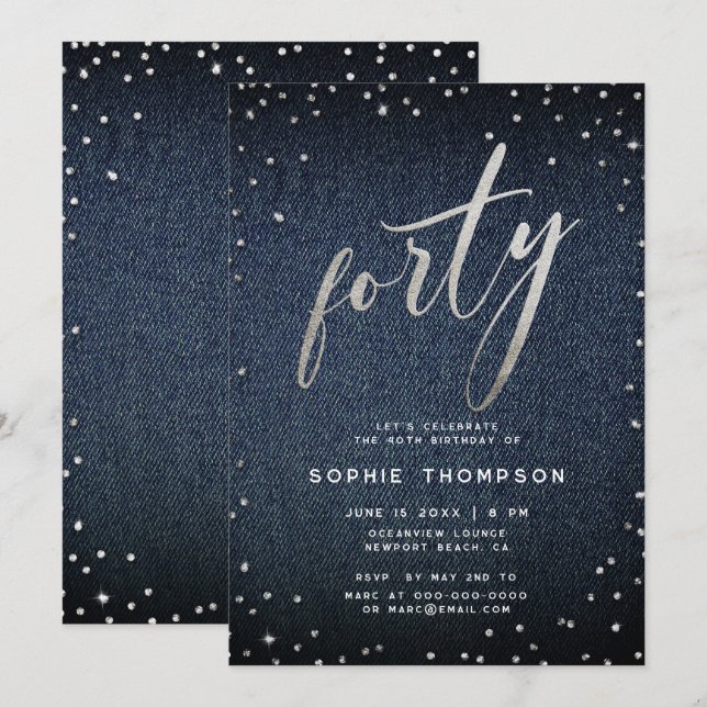 Denim Diamonds Modern Minimalist 40th Birthday Invitation (Front/Back)