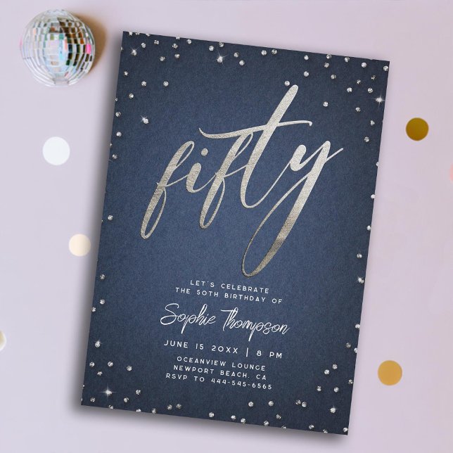 Denim Diamonds Modern Minimalist 50th Birthday Invitation (denim diamonds 50th birthday invitation for women elegant classy modern calligraphy faux foil fifty)