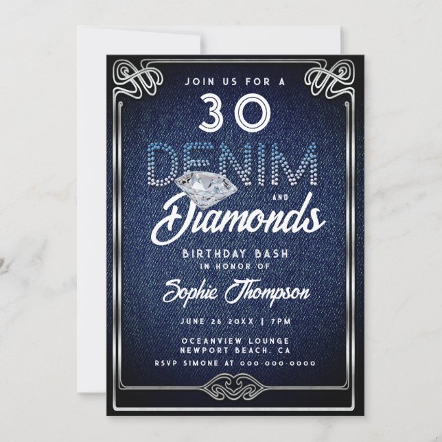 Denim Diamonds Nouveau Frame 30th Birthday Party Invitation (Front)