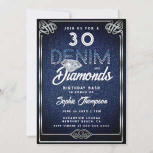 Denim Diamonds Nouveau Frame 30th Birthday Party Invitation