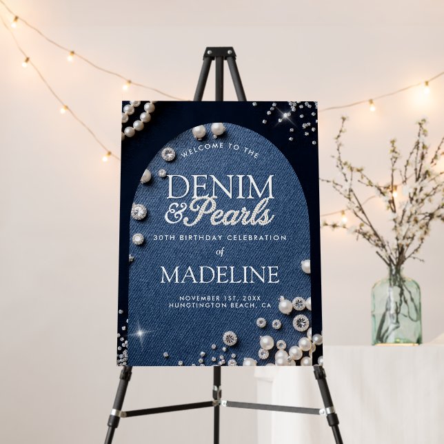 Denim Diamonds Pearls Arch Bday Party Welcome Sign (In Situ (Stand))