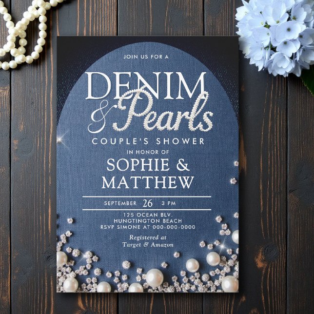 Denim Diamonds Pearls Arch Coed Blue Couple Shower Invitation (denim and pearls couple shower invitation bridal wedding diamonds blue white arch elegant coed)