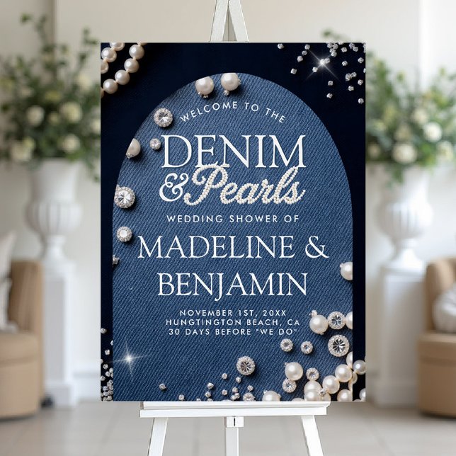Denim Diamonds Pearls Arch Couple Shower Welcome Foam Board (denim and diamonds party welcome sign bridal wedding shower coed jack jill blue white elegant arch)