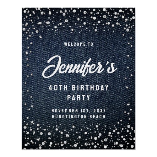 Denim Diamonds Pearls Birthday Party Welcome Poster