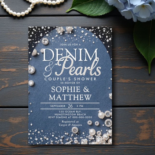 Denim Diamonds Pearls Blue Arch Chic Couple Shower Invitation (denim and pearls couple shower invitation bridal wedding diamonds blue white arch elegant his hers)