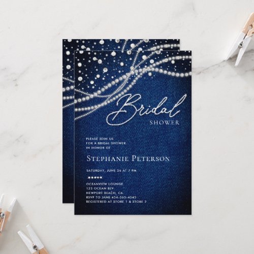 Denim Diamonds Pearls Blue White Bridal Shower Invitation