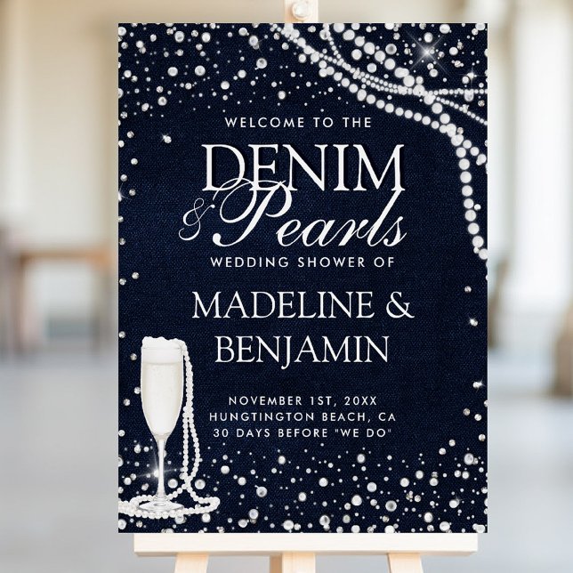Denim Diamonds Pearls Bubbly Couple Shower Welcome Foam Board (denim and diamonds party welcome sign bridal wedding shower coed jack jill blue white elegant classy)