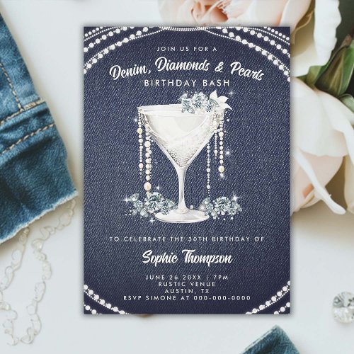 Denim Diamonds Pearls Champagne Birthday Party Invitation