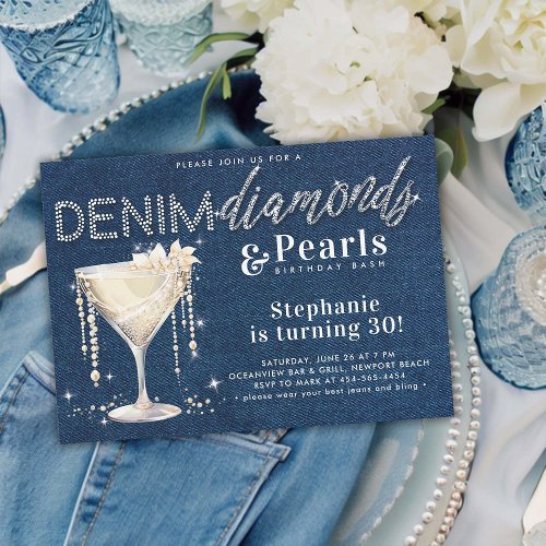 Denim Diamonds Pearls Champagne Blue Chic Birthday Invitation