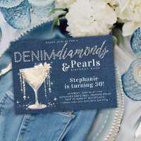 Denim Diamonds Pearls Champagne Blue Chic Birthday