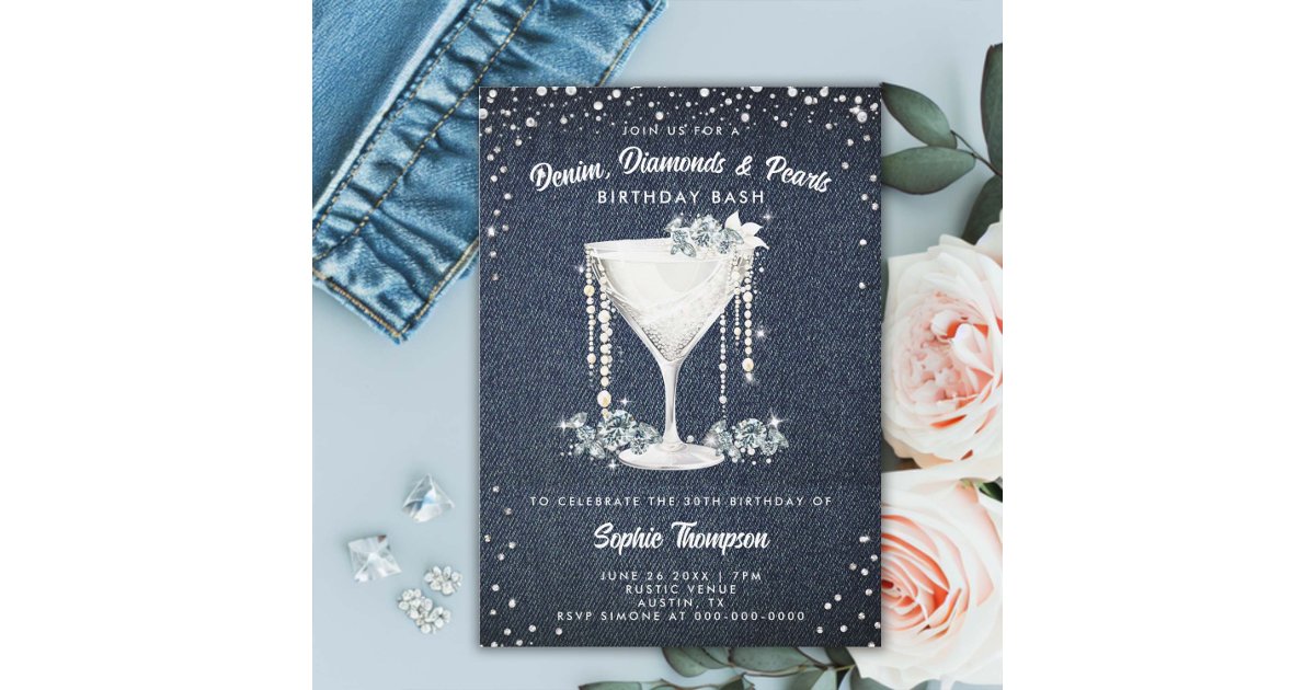Denim Diamonds Pearls Champagne Cup Birthday Party Invitation