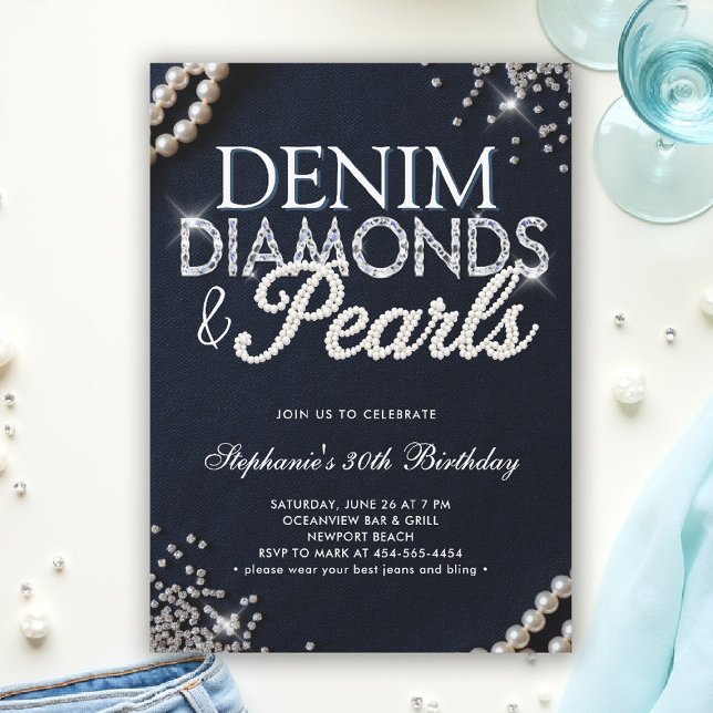 Denim Diamonds Pearls Chic Classy Elegant Birthday Invitation (denim diamonds and pearls party ideas modern classy elegant blue white invites)