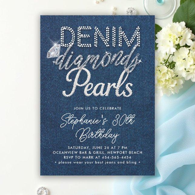 Denim Diamonds Pearls Chic Type Classy Birthday Invitation (denim diamonds and pearls birthday party modern classy elegant minimalist blue white diy template)