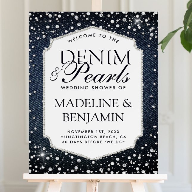 Denim Diamonds Pearls Coed Couple Shower Welcome Foam Board (denim and diamonds party welcome sign bridal wedding shower coed jack jill blue white elegant classy)