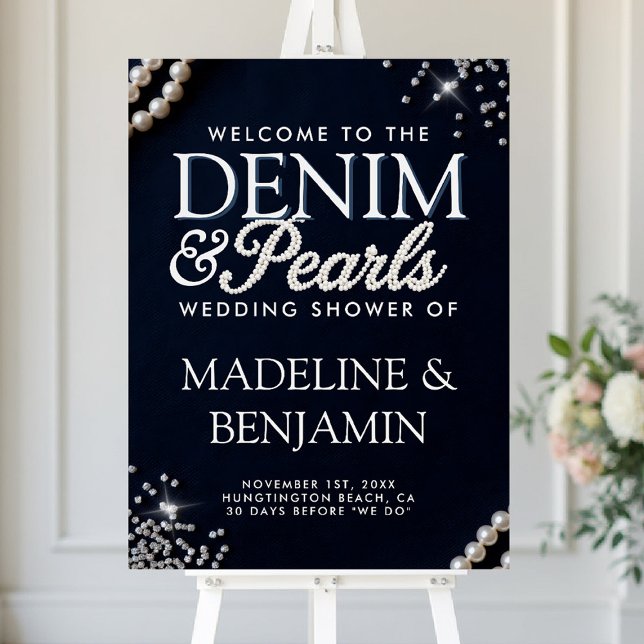 Denim Diamonds Pearls Couple Shower Blue Welcome Foam Board (denim and diamonds party welcome sign bridal wedding shower coed jack jill blue white elegant classy)
