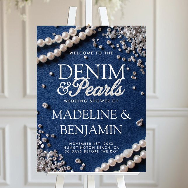 Denim Diamonds Pearls Couple Shower Chic Welcome Foam Board (denim and diamonds party welcome sign bridal wedding shower coed jack jill blue white elegant duo)