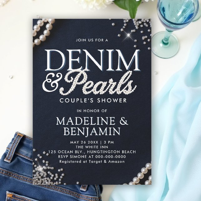 Denim Diamonds Pearls Elegant Blue Couple Shower Invitation (denim and pearls couple wedding shower invitation coed jack jill blue white elegant modern trendy)
