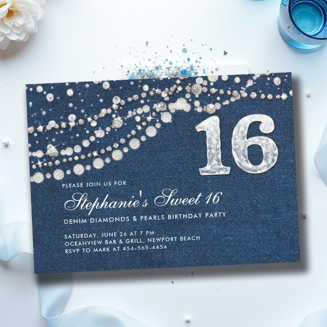 Denim Diamonds Pearls Elegant Classy Chic Sweet 16 Invitation (sweet sixteen invitation 16th birthday denim diamonds and pearls fashion teen girl)